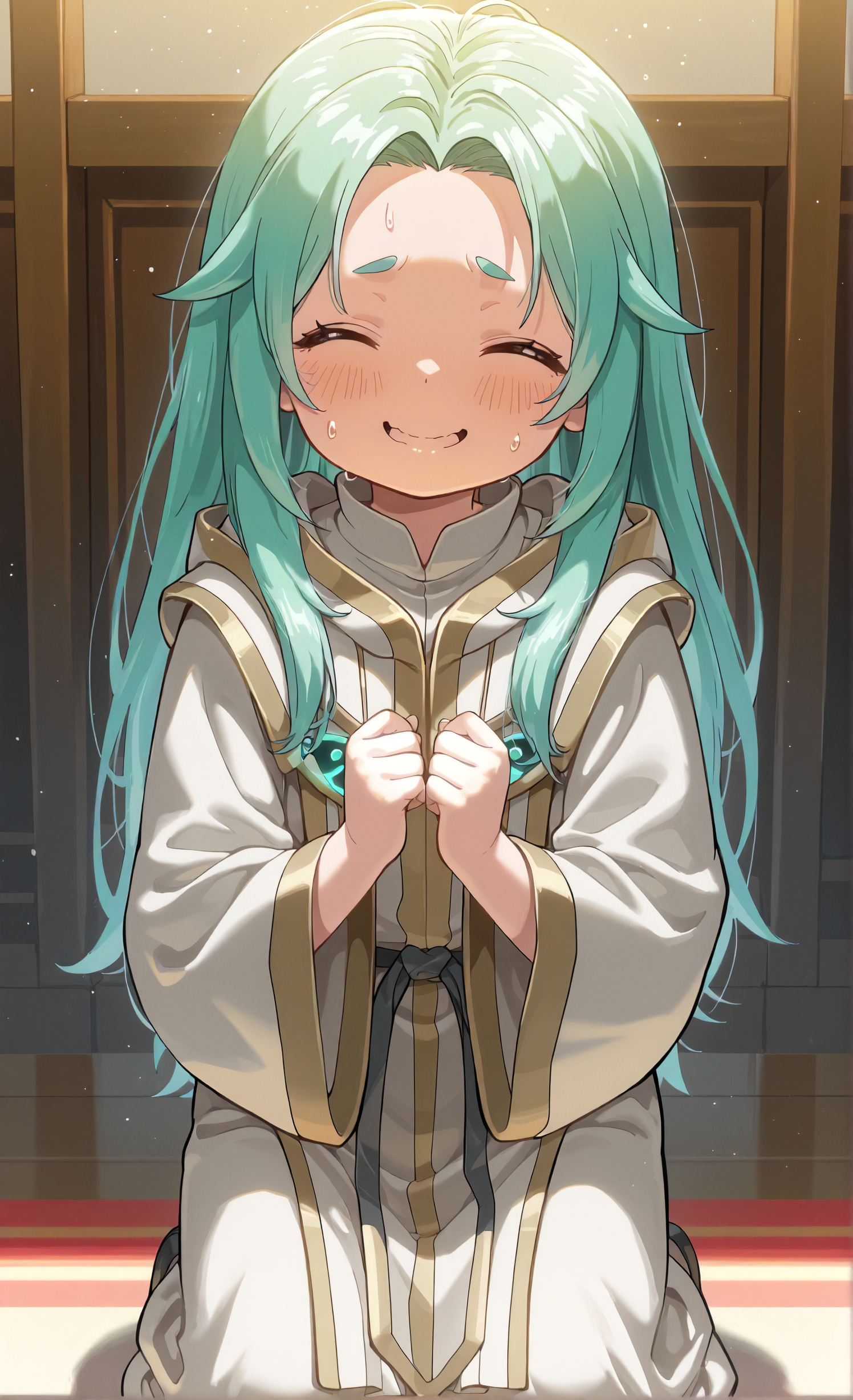 masterpiece, sharp detail, intricate detail,  1girl,  <lora:To be hero X - Lucky Cyan:1>, lucky cyan \(to be hero x\), nervous smile, child, robe, kneeling, looking to the side, facing viewer,
