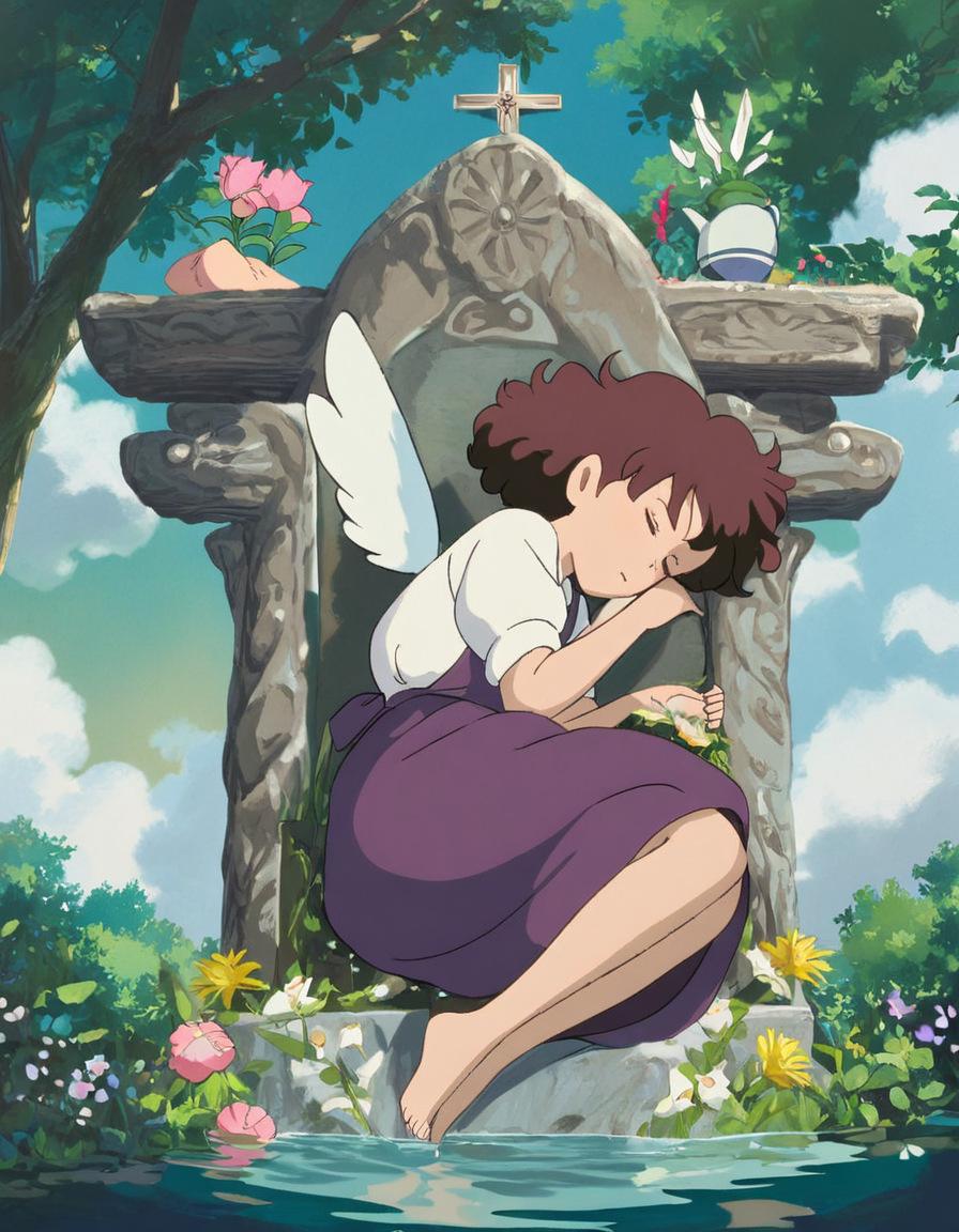 Studio Ghibli, hand-drawn animation style,
masterpiece, high score,
A girl sleeping in soft water, clouds as soft as cotton, wings, altar, flowers, draped in velvet and flowers, purple skirt, coffee-colored curly hair, in the forest
 <lora:Ghibli_xl_v2:1>