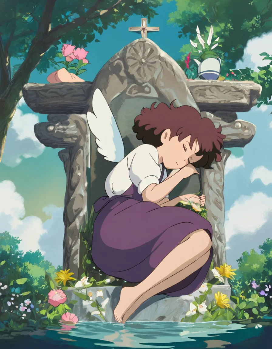 Studio Ghibli, hand-drawn animation style,
masterpiece, high score,
A girl sleeping in soft water, clouds as soft as cotton, wings, altar, flowers, draped in velvet and flowers, purple skirt, coffee-colored curly hair, in the forest
<lora:Ghibli_xl_v2:1>