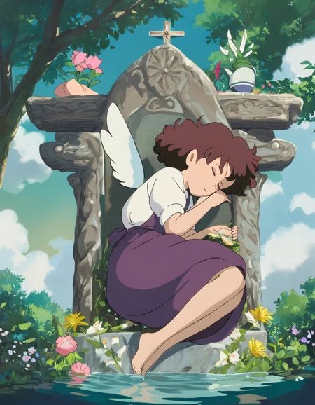 Studio Ghibli, hand-drawn animation style,
masterpiece, high score,
A girl sleeping in soft water, clouds as soft as cotton, wings, altar, flowers, draped in velvet and flowers, purple skirt, coffee-colored curly hair, in the forest
<lora:Ghibli_xl_v2:1>