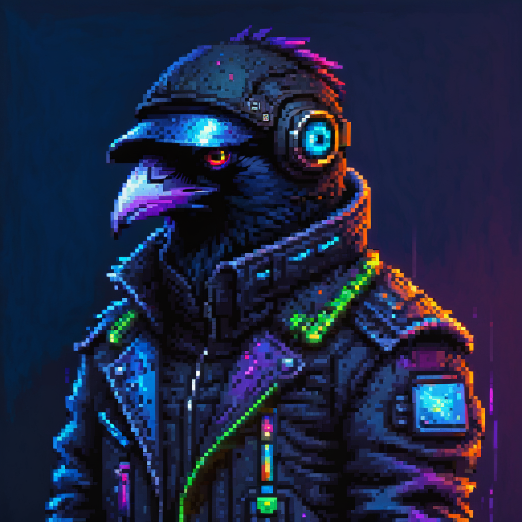 pixel art, digital oil pastel on canvas, animal, furry, upper body of a cyberpunk raven dressed in black techwear jacket, eye visor <lora:d\EnvyOilPastelXL01:2> <lora:pixelbuildings128-v2:1>