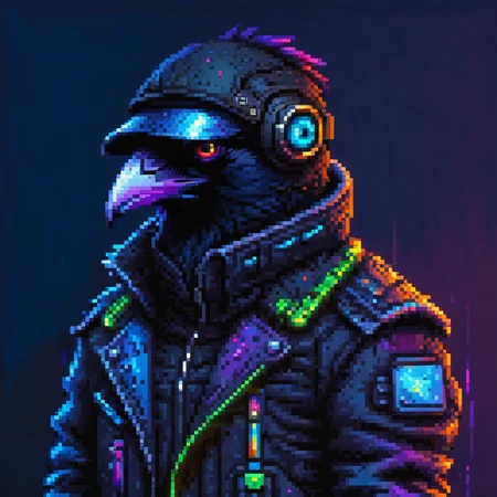 pixel art, digital oil pastel on canvas, animal, furry, upper body of a cyberpunk raven dressed in black techwear jacket, eye visor <lora:d\EnvyOilPastelXL01:2> <lora:pixelbuildings128-v2:1>