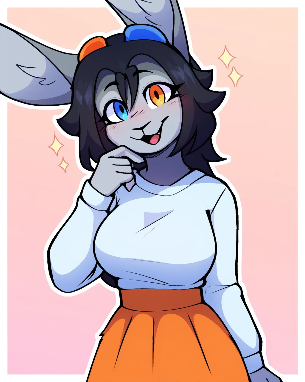 score_9_up, score_8_up, score_7_up, score_6_up, by remanedur, furry female, bunny ears, half-length portrait, female, furry, heterochromia, grey body, black hair, white long sleeves, large breasts, orange skirt, black pantyhose, looking at viewer, head tilt, solo, three-quarter view, happy, simple background, white outline, <lora:Leah_Pines(AIM)_XL_v1:0.15> <lora:PDXL_artist_tags_v2_big:0.5> <lora:The-Minuscule-Task_PDXL_v1.0:0.6> <lora:Zay_ZMaskedRabbitZ:0.7>