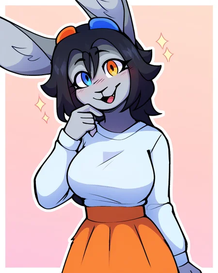 score_9_up, score_8_up, score_7_up, score_6_up, by remanedur, furry female, bunny ears, half-length portrait, female, furry, heterochromia, grey body, black hair, white long sleeves, large breasts, orange skirt, black pantyhose, looking at viewer, head tilt, solo, three-quarter view, happy, simple background, white outline, <lora:Leah_Pines(AIM)_XL_v1:0.15> <lora:PDXL_artist_tags_v2_big:0.5> <lora:The-Minuscule-Task_PDXL_v1.0:0.6> <lora:Zay_ZMaskedRabbitZ:0.7>