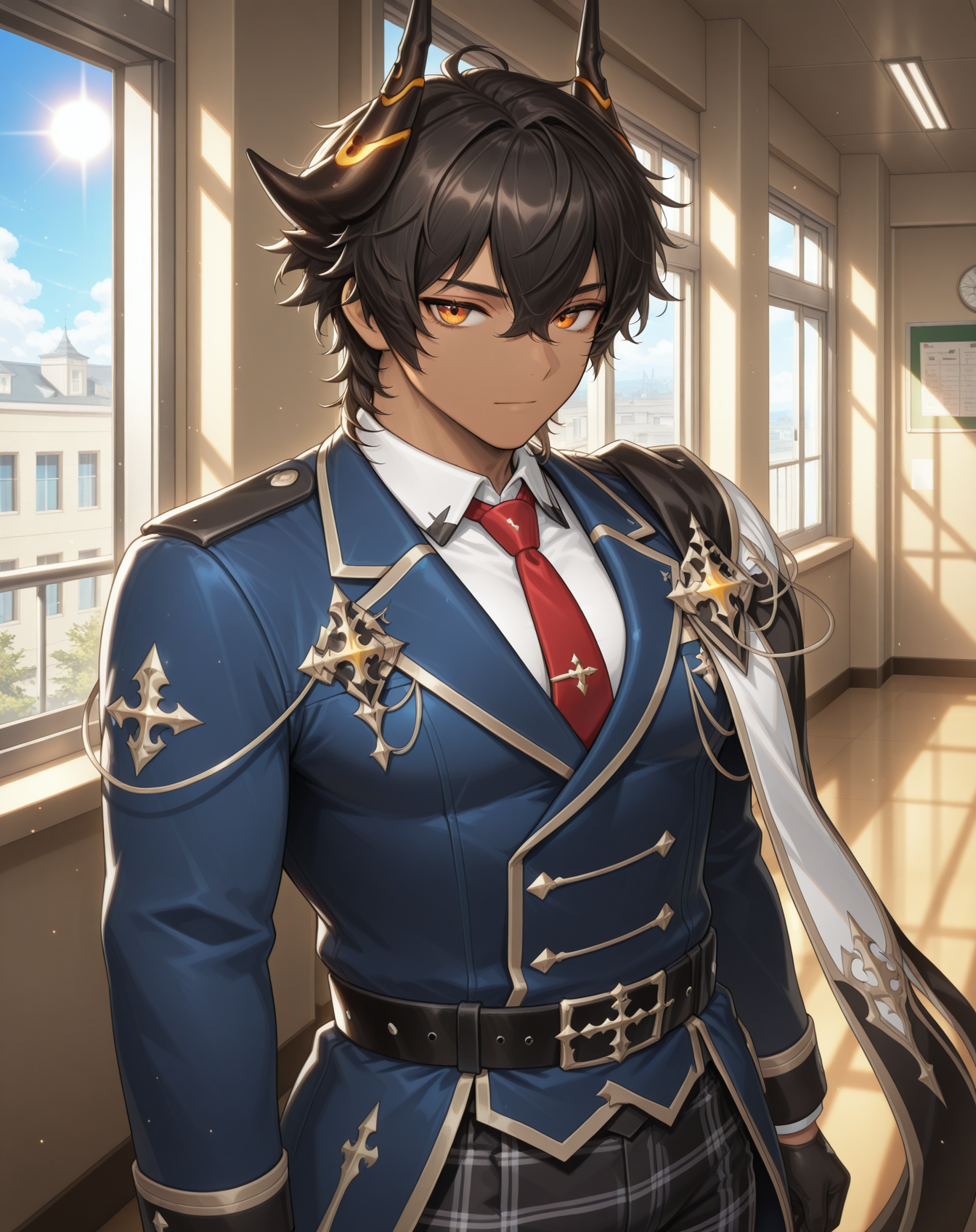 masterpiece,best quality,amazing quality, newest, very aesthetic, absurdres,
1boy, solo, yaoi, male focus, looking at viewer, cowboy shot,
<lora:Sol_Bellium_Platoon:1> solbp, dragon horns, hair between eyes, dark-skinned male, dark skin, black hair,short hair, orange eyes,
school uniform, white shirt, collared shirt, blue jacket, red necktie, black pants, plaid pants,
indoors, school, hallway, window, day, sun,