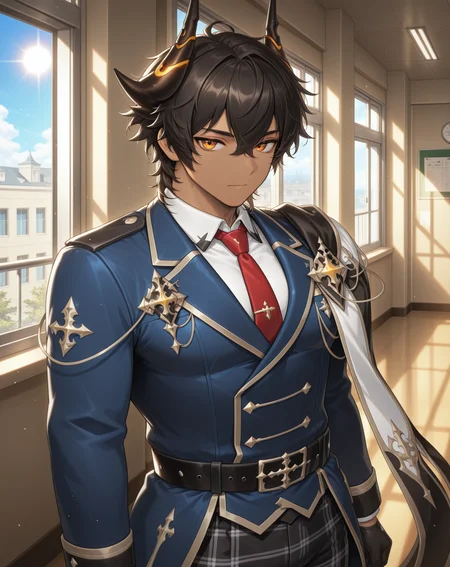 masterpiece,best quality,amazing quality, newest, very aesthetic, absurdres,
1boy, solo, yaoi, male focus, looking at viewer, cowboy shot,
<lora:Sol_Bellium_Platoon:1> solbp, dragon horns, hair between eyes, dark-skinned male, dark skin, black hair,short hair, orange eyes,
school uniform, white shirt, collared shirt, blue jacket, red necktie, black pants, plaid pants,
indoors, school, hallway, window, day, sun,