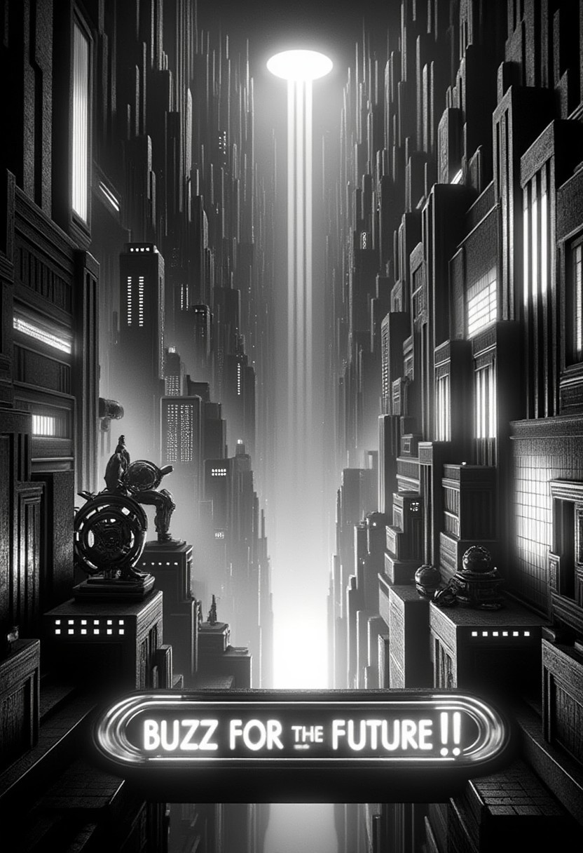 mad-ropolis-movie, retro future city, view from above black and white, 1920s, a neon sign reading "BUZZ FOR THE FUTURE!", glowing letters, centered at the bottom of the image