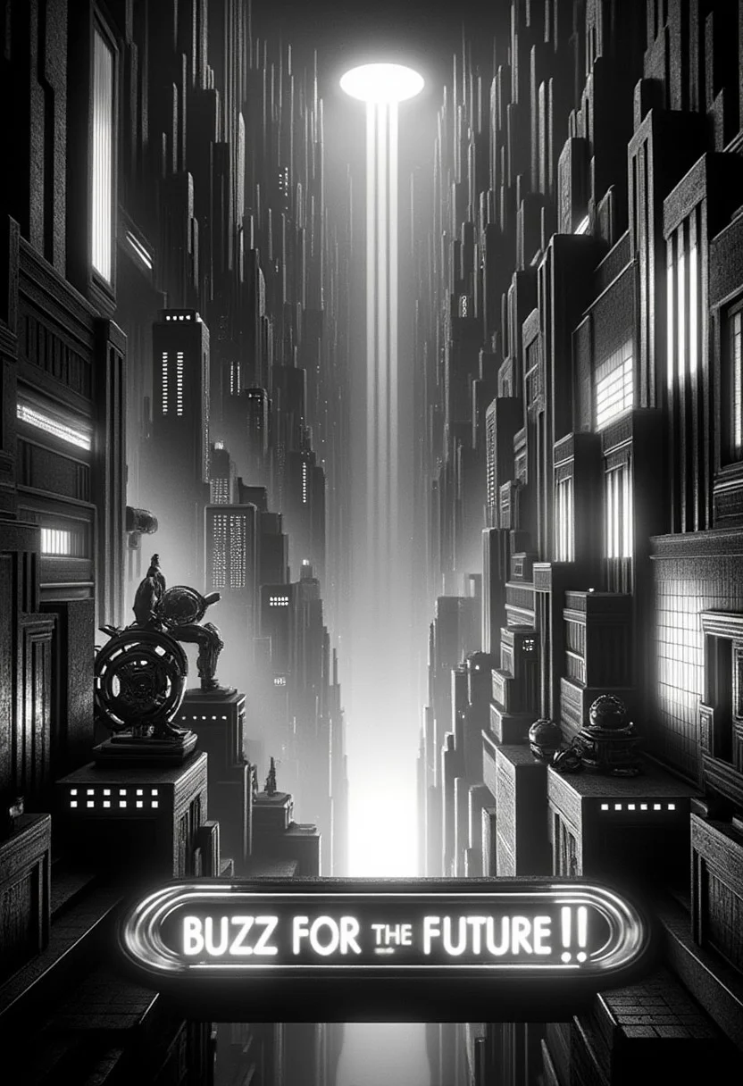 mad-ropolis-movie, retro future city, view from above black and white, 1920s, a neon sign reading "BUZZ FOR THE FUTURE!", glowing letters, centered at the bottom of the image