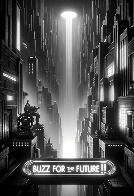 mad-ropolis-movie, retro future city, view from above black and white, 1920s, a neon sign reading "BUZZ FOR THE FUTURE!", glowing letters, centered at the bottom of the image