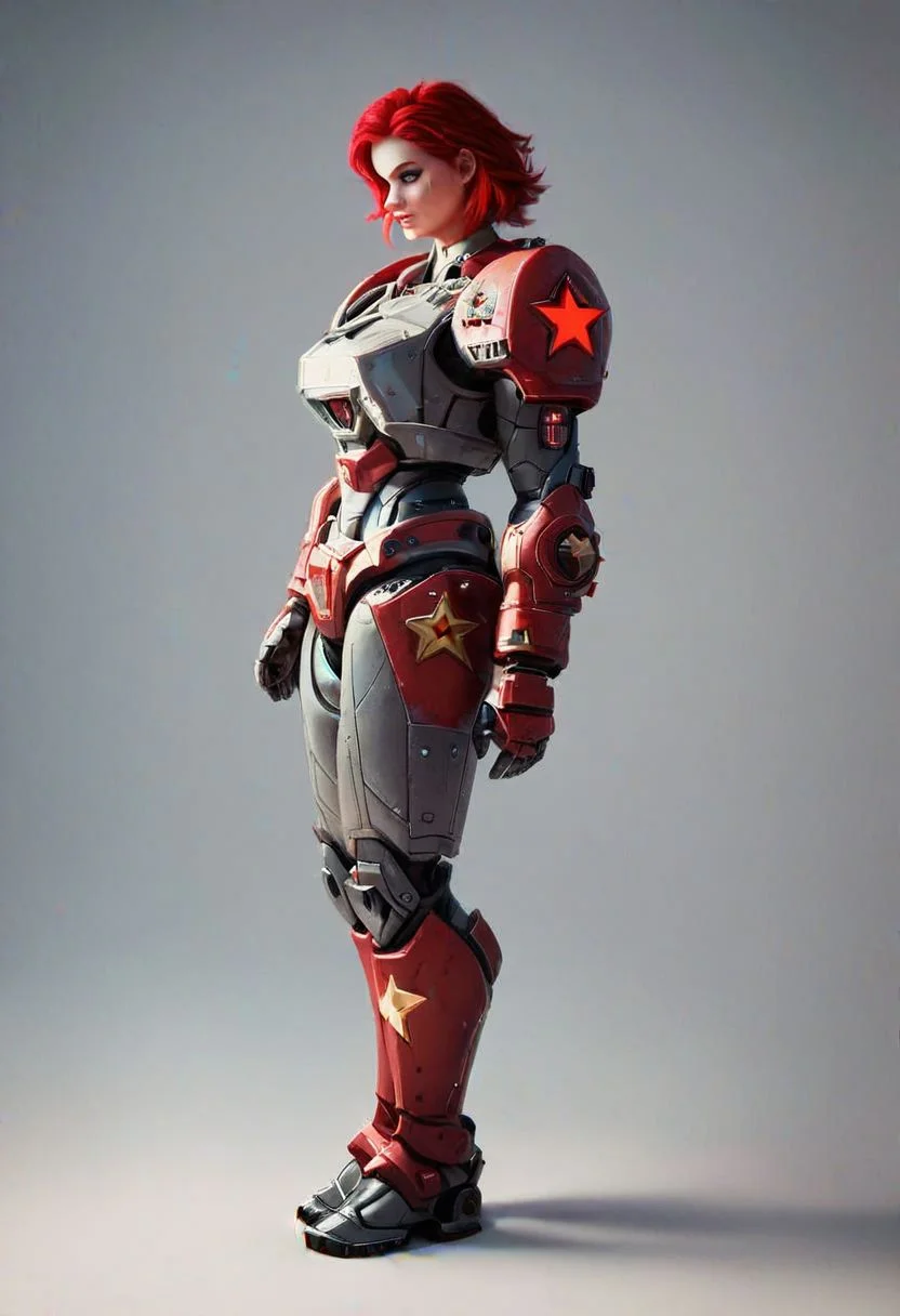 score_9, score_8_up, score_7_up, HD, high res, detailed background, solo, 1girl, young lady, red hair, beautiful, beautiful eyes, medium hair, Soviet style, (power armor), green and red armor, full armor, massive pauldrons, armored chestplate, massive bracers, metal fists, no helmet, red stars on shoulders, Soviet star, bright sky, massive clouds, Sovietpunk, head turned right, Sideview, full body, old photo filter