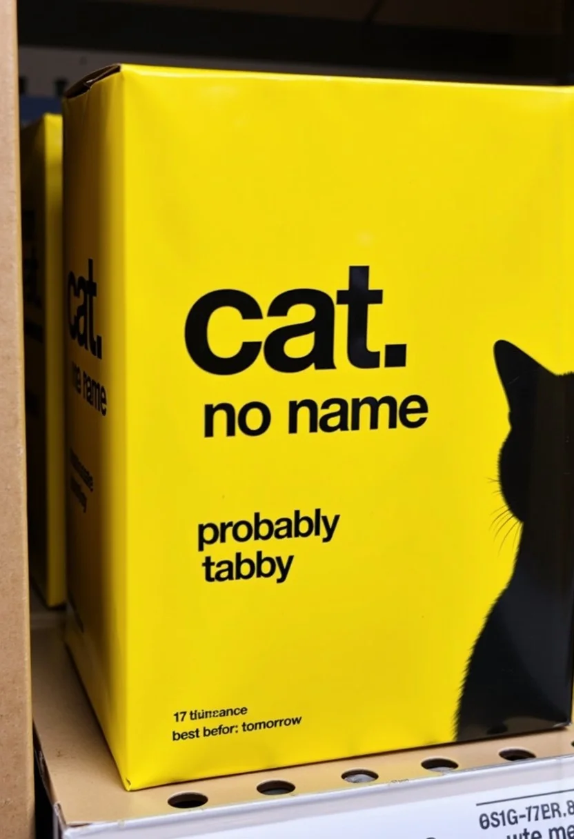 This is a photograph of a packaging box for a cat. The box is rectangular with a bright yellow background and a black border, displaying a minimalist design with the silhouette of a cat on the box. The front of the box features prominent black bold text "cat. Below this, in smaller text, it reads "no name" in black. The dimensions are specified as "probably tabby" and the text "best before: tomorrow" is printed at the bottom right corner. The box is sitting on a pet store shelf.
