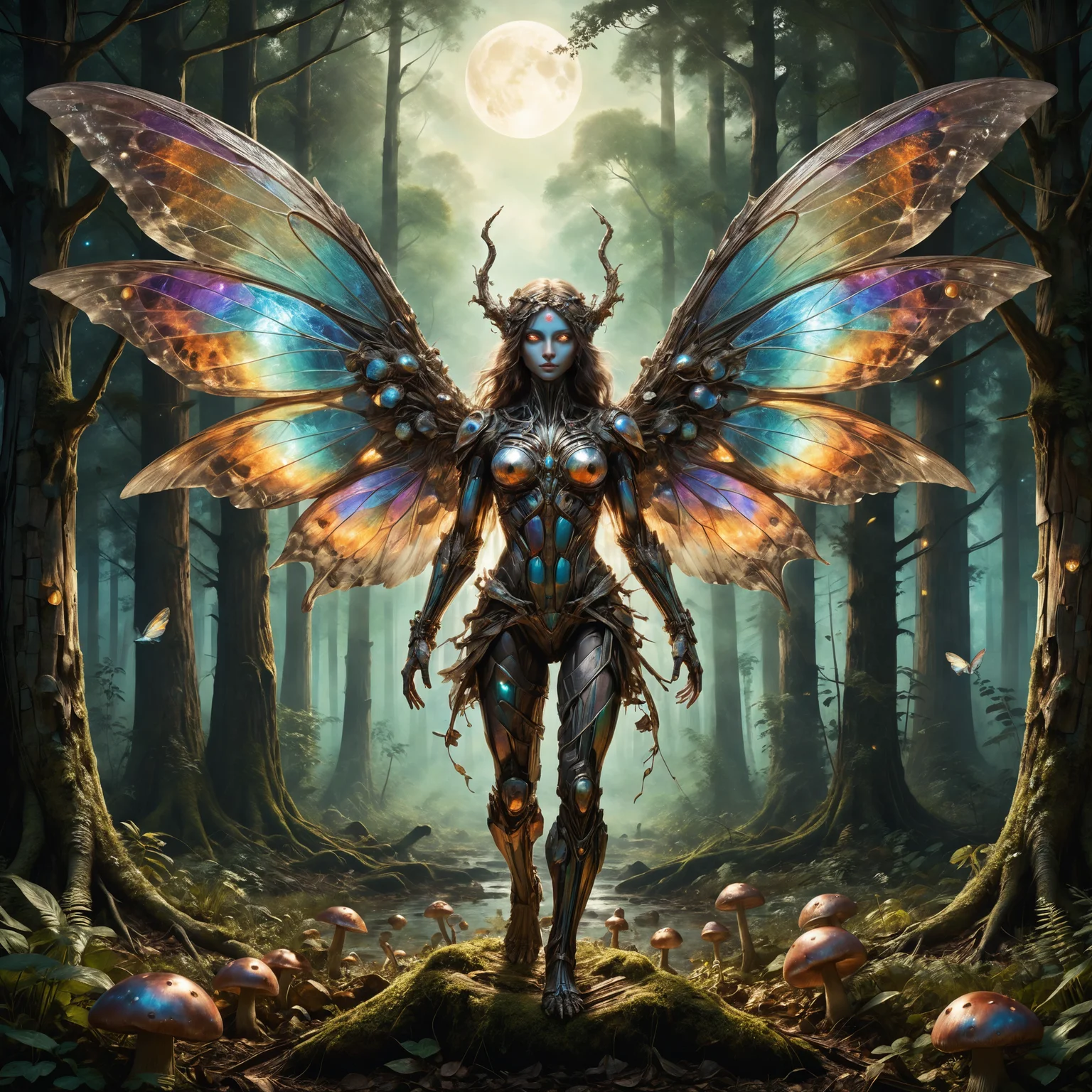 <lora:xl_more_art-full-xl:0.4>, <lora:add-detail-xl:1.4>, <lora:style-bismut-xl-by_ralfinger:0.8>, <lora:envyzoomsliderxl01-xl:-0.8>, ral-bismut, famous artwork by (abbott handerson thayer:1.1), detailed expressive eyes, fantasy style, the mythical clawed etherflibberer with its iconic iridescent wings flarbifying in the moonlight, it often blorfs among the bioluminescent mushrooms and glowing fireflies in the erbelforing forest glades on planet krakenhome prime