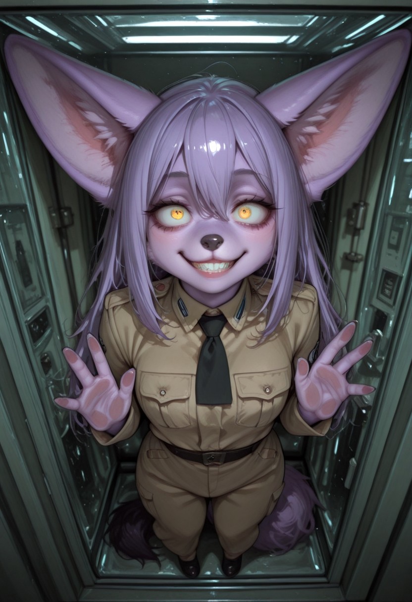 Furry is an anthropomorphic fennec. young woman. long purple hair. purple fur. the fur inside the ears is light green. the edge of the tail is light green. yellow eyes. evil. She is dressed in a tattered military field uniform. in a glass laboratory chamber. full-length image. The grin. He licks the glass. wide-open, crazy eyes. five fingers on your hands. front view. solo