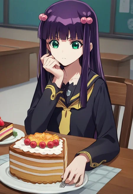 score_9, score_8_up, score_7_up, source_anime, medium photo of ben1o, benio adashino, 1girl, solo, purple hair, long hair, green eyes, hair ornament, bangs, hair bobbles, black serafuku, school uniform, sitting at dinner table, looking at food, cake <lora:ben1oXL:1>