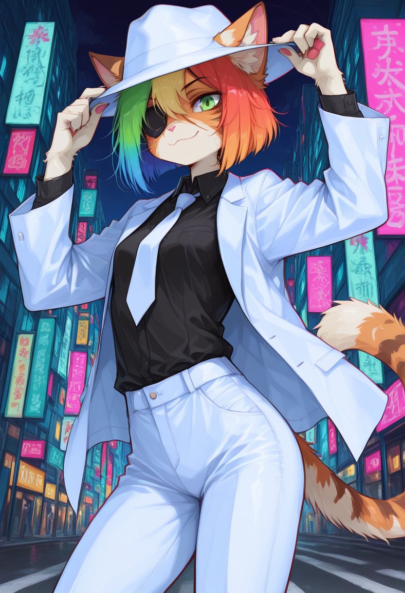 score_9, score_8_up, score_7_up, masterpiece, best quality, high quality, sharp lines, solo, luminescent background, 1girl, furry, fur, fur covered,
BREAK, anthro, skinny, petite body, small breasts, domestic cat, furry female, green eyes, orange fur, white belly, short haircut, rainbow hair, green eyes, white jacket, white pants, white fedora, black shirt, white tie, eye patch, small smile, determined, hand on hat, dynamic pose, night street, under street light, american city, detailed background, close up, colorful