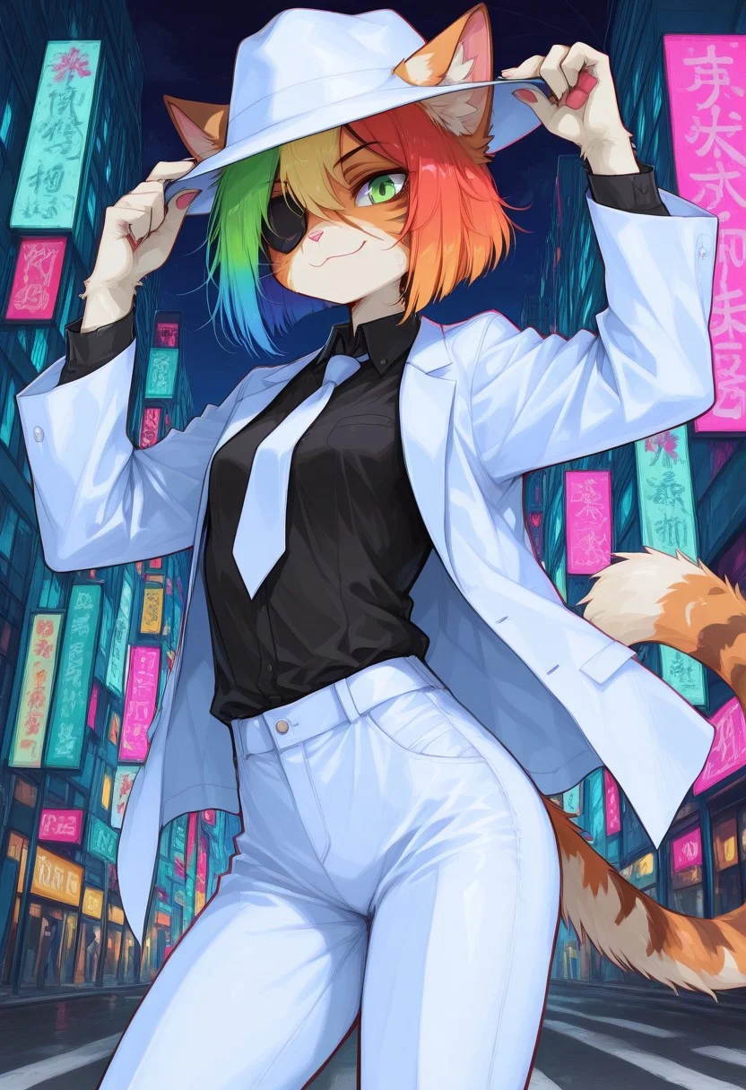 score_9, score_8_up, score_7_up, masterpiece, best quality, high quality, sharp lines, solo, luminescent background, 1girl, furry, fur, fur covered,
BREAK, anthro, skinny, petite body, small breasts, domestic cat, furry female, green eyes, orange fur, white belly, short haircut, rainbow hair, green eyes, white jacket, white pants, white fedora, black shirt, white tie, eye patch, small smile, determined, hand on hat, dynamic pose, night street, under street light, american city, detailed background, close up, colorful