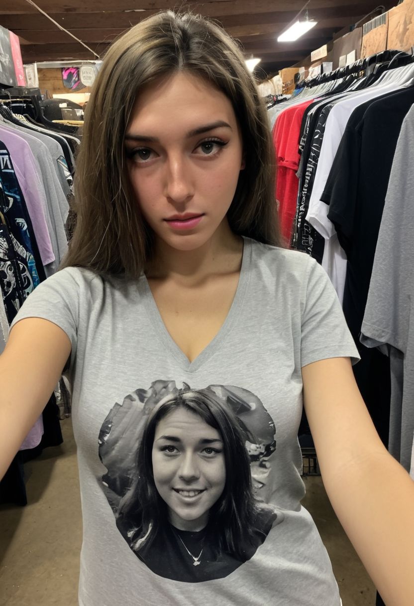 woman long hair, cleavage, t shirt, smirk, 
Raw, 8k, hdr, hard focus, realistic, highly detailed, selfie, at a fleamarket.