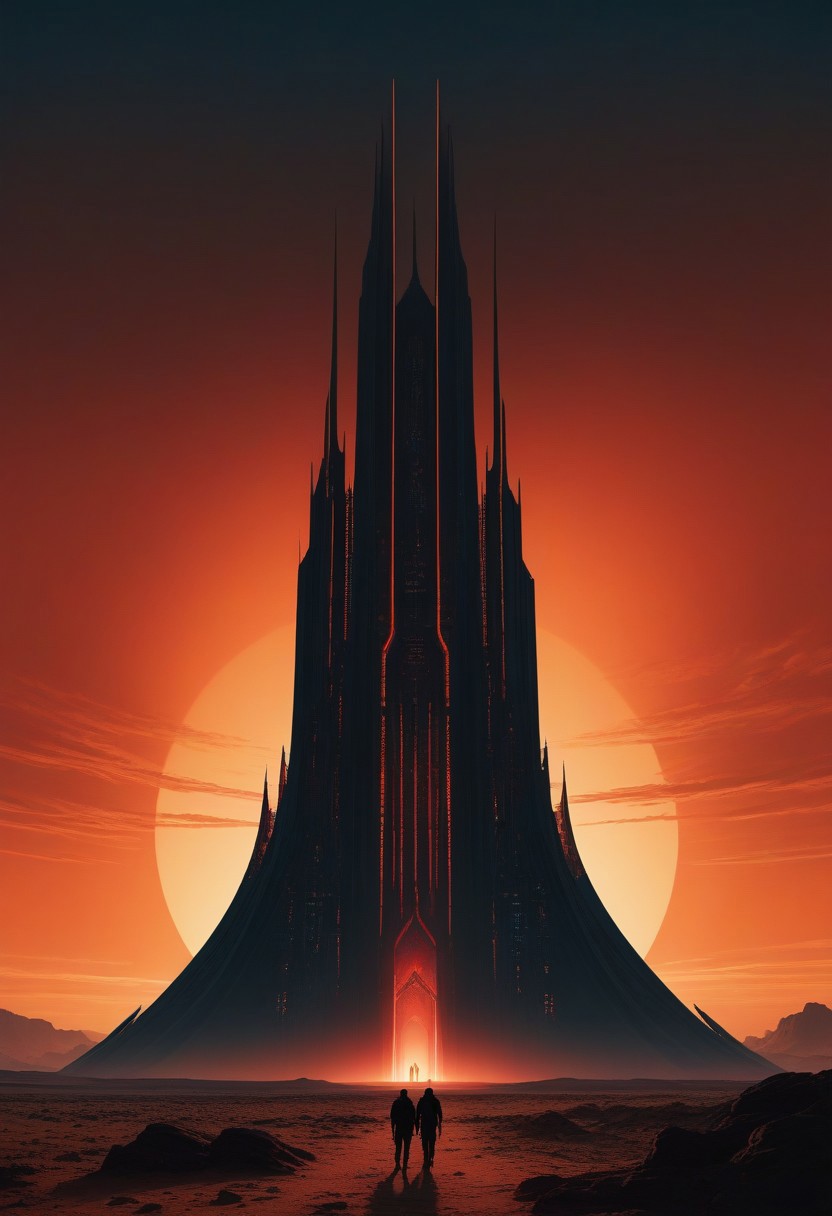inksketch in red and black of towering, enigmatic structures rising from a barren, arid landscape. Each tower is adorned with intricate, glowing lines of orange and blue lights, hinting at the advanced technology within. In the distance, other towering monoliths are visible, creating a sense of endlessness. The lighting, casting long, dramatic shadows. The camera is set at ground level, looking up at the overwhelming scale of the station, emphasizing its imposing and mysterious nature, silhouetted against a red sky.