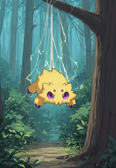masterpiece, best quality, amazing quality, very aesthetic, absurdres, (ShinyJoltik, 1other, alternate color, light yellow fur, purple eyes, purple claws, hanging, silk, electricity, angry, looking up,
outdoors, day, forest, perspective