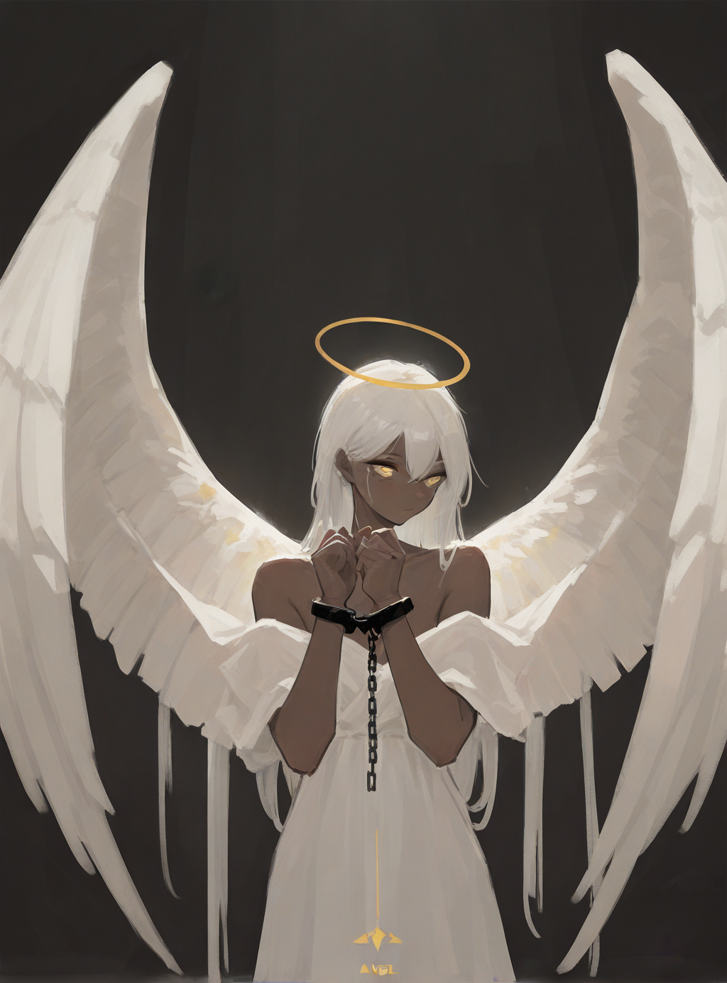 masterpiece, best quality, good quality, very aesthetic, absurdres, newest, cowboy_shot,dark background, solo,
1girl, angel, giant wings, yellow eyes, 
dark skin, white hair,
handcuffed,
<lora:add-detail-xl:1>,  <lora:xilmoforill:0.8>, ultra detailed, sharp focus,