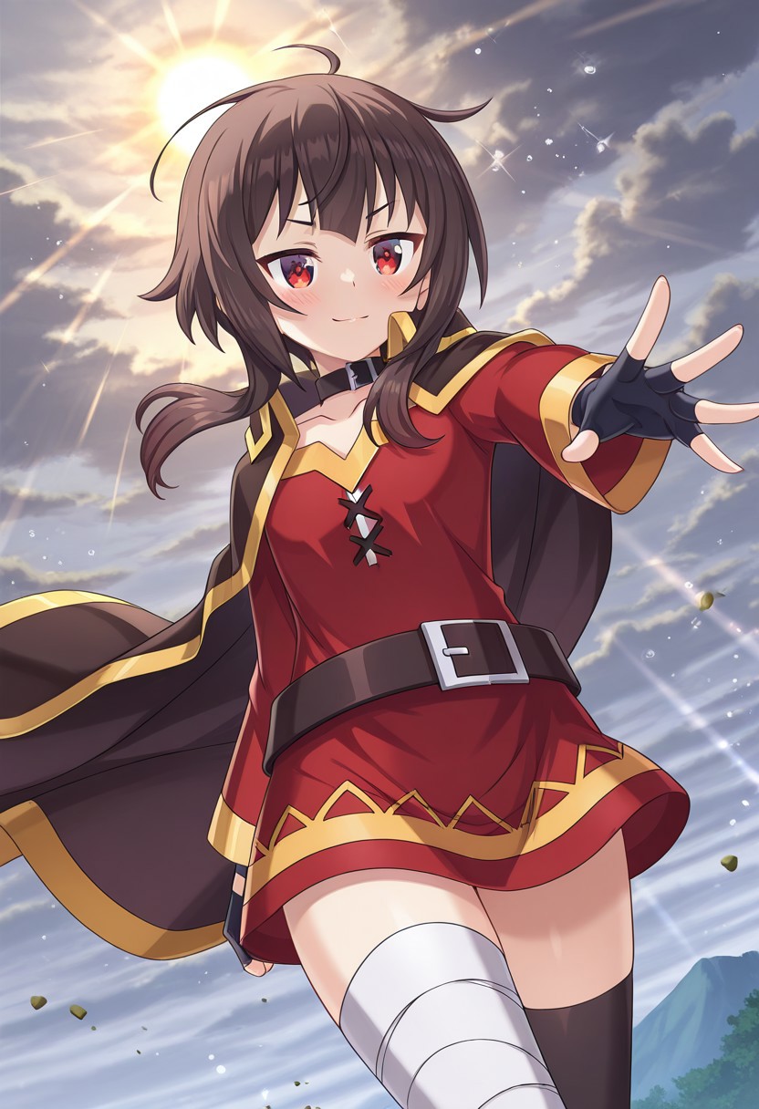 KonosubaFantasticDays-Liver020, masterpiece, best quality, amazing quality, particles of light, front shot cinematic angle, various angles, detailed background, beautiful background, (rays light:1.0), (highly detailed), masterpiece, best quality, amazing quality, BREAK 1girl, solo , megumin , red dress , bandaged leg, single thighhigh , wind , serious, light smile , outstretched arm , cloudy sky, Megumin-Liver020