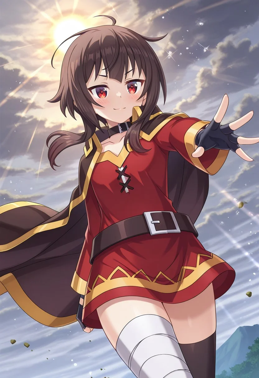 KonosubaFantasticDays-Liver020, masterpiece, best quality, amazing quality, particles of light, front shot cinematic angle, various angles, detailed background, beautiful background, (rays light:1.0), (highly detailed), masterpiece, best quality, amazing quality, BREAK 1girl, solo , megumin , red dress , bandaged leg, single thighhigh , wind , serious, light smile , outstretched arm , cloudy sky, Megumin-Liver020