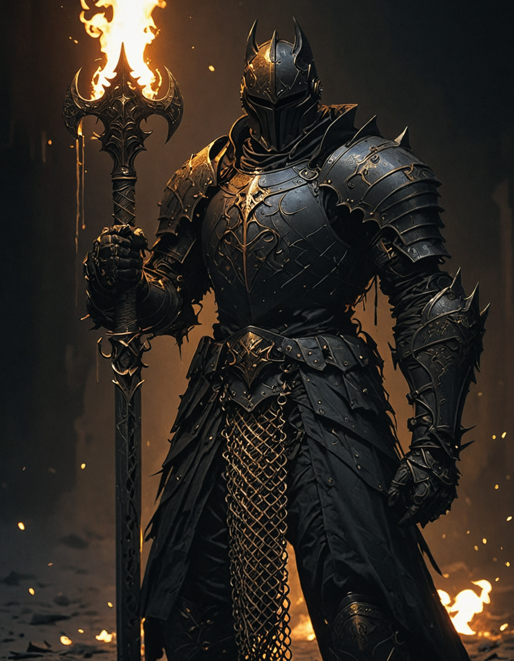 Black knight with piercing armor, gold chainmail, piercing mace in hand, dark fantasy, dystopian and hostile environment, pitch black night, darkness, shadow and fire, silhouette, hyper detailed<lora:Sinozick:1>  <lora:add-detail-xl:1>