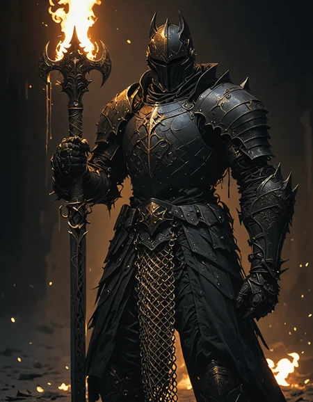 Black knight with piercing armor, gold chainmail, piercing mace in hand, dark fantasy, dystopian and hostile environment, pitch black night, darkness, shadow and fire, silhouette, hyper detailed<lora:Sinozick:1>  <lora:add-detail-xl:1>