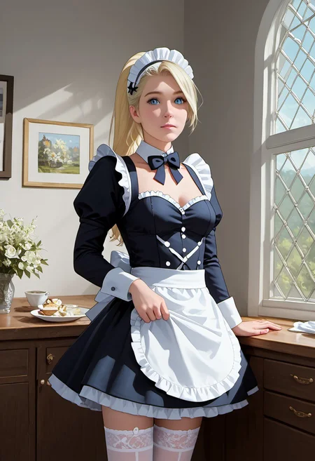 1girl, solo, score_9_up, score_8_up, score_7_up, score_6_up, cute face, detailed and beautiful face, detailed and beautiful eyes, cute girl, inoYamanakaPDXL, blonde, ponytail, blue eyes, medium breasts, maid outfit, white stockings, cleaning dishes, looking at viewer, standing, room, detailed, intricate details, realistic, FaceDetail, stunning, masterpiece,