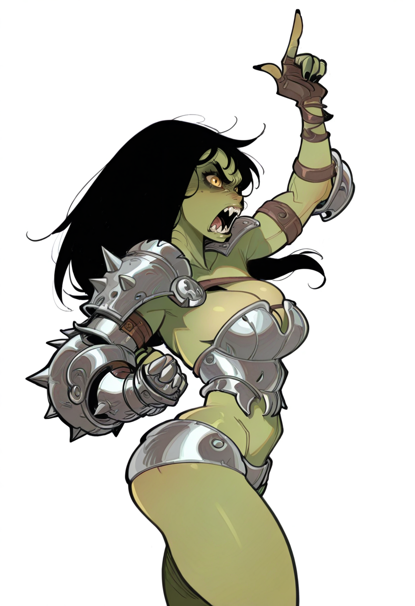 1girl, mature female, muscular female, orc, muscular, green skin, yellow eyes, medium breasts, black hair, long hair, black nails, curvy, angry, iron armor, revealing armor, single shoulder pad, open mouth, hand up, pointing up, cowboy shot, solo, white background, simple background,
, <lora:AlessandroBarbucciILV1:1>, masterpiece, best quality, amazing quality,
