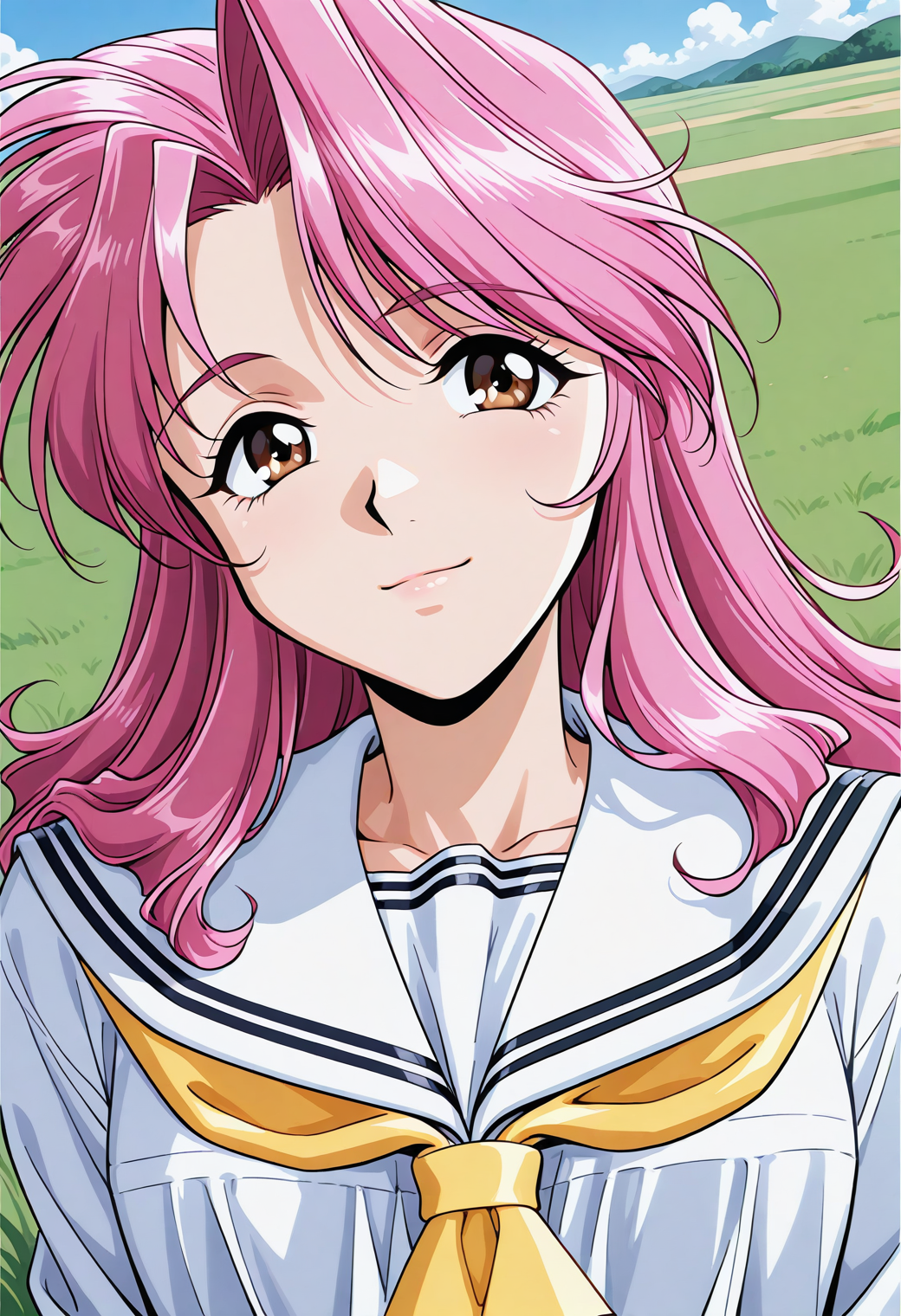 takagi_reiko, brown eyes, pink hair, long hair, school uniform, serafuku, white sailor collar, yellow neckerchief, white shirt, long sleeves,  <lora:Graduation_takagi_reiko_illustrious_ver1:0.8> 
light smile,, masterpiece, best quality, sensitive,, 1girl, solo, blue sky, (grasslands:1.2), looking at viewer,, (upper body:1.2), (close-up:1.2), (facing viewer:1.2), (open eyes:1.4), (portrait:1.2)
