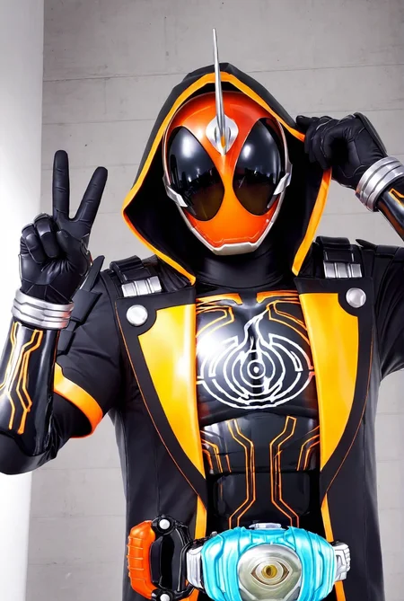 score_9,score_8_up,score_7_up,male focus,ultra-detailed,high resolution,digital painting,8k,1boy,solo,upper body,male focus,detailed face,tokusatsu,rider belt,armor,helmet,jacket,bodysuit,gloves,hood,horns,black bodysuit,selfie,v,looking at viewer,<lora:add-detail-xl:1>,<lora:Kamen Rider Ghost:0.7>,kamen rider ghost,