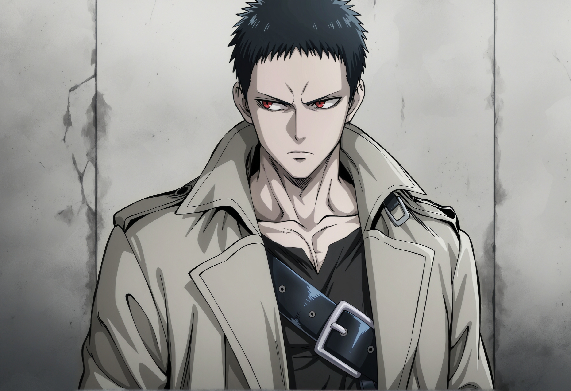 masterpiece, best quality, newest, absurdres, highres, very awa, 1boy, male, male focus, zombieman, red eyes, grey skin, anime screenshot, solo, black shirt, shirt, coat, upper body, jacket, collarbone, serious, closed mouth, looking to the side, frown, open clothes, anime coloring, pectorals, multiple belts, black belt