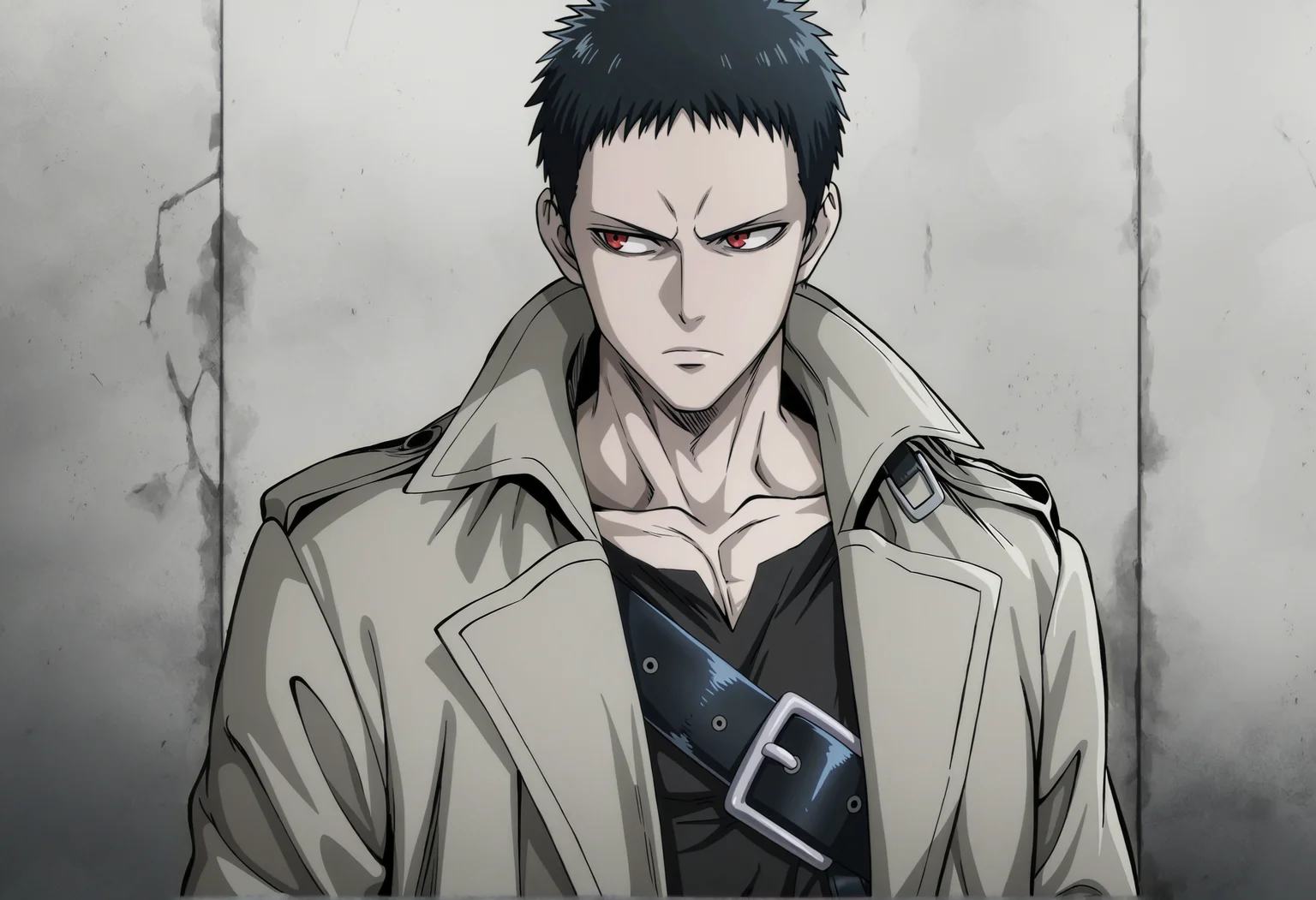 masterpiece, best quality, newest, absurdres, highres, very awa, 1boy, male, male focus, zombieman, red eyes, grey skin, anime screenshot, solo, black shirt, shirt, coat, upper body, jacket, collarbone, serious, closed mouth, looking to the side, frown, open clothes, anime coloring, pectorals, multiple belts, black belt