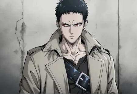 masterpiece, best quality, newest, absurdres, highres, very awa, 1boy, male, male focus, zombieman, red eyes, grey skin, anime screenshot, solo, black shirt, shirt, coat, upper body, jacket, collarbone, serious, closed mouth, looking to the side, frown, open clothes, anime coloring, pectorals, multiple belts, black belt