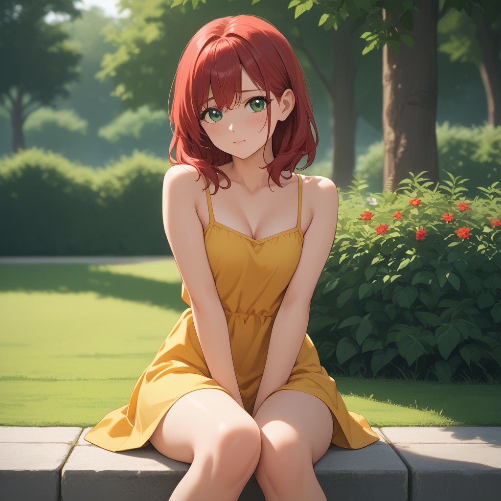(perfecr fingers anatomy), shy, yellow dress, sitting in a park, (rehead medium hair), red hear green eyes, big brest 1:3, medium ass, score_9, score_8_up, score_7_up, source_anime, (front view), ((1 girl)), 25 years old, (rehead long hair), red hear green eyes, big brest 1:3, medium ass,
