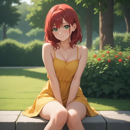 (perfecr fingers anatomy), shy, yellow dress, sitting in a park, (rehead medium hair), red hear green eyes, big brest 1:3, medium ass, score_9, score_8_up, score_7_up, source_anime, (front view), ((1 girl)), 25 years old, (rehead long hair), red hear green eyes, big brest 1:3, medium ass,