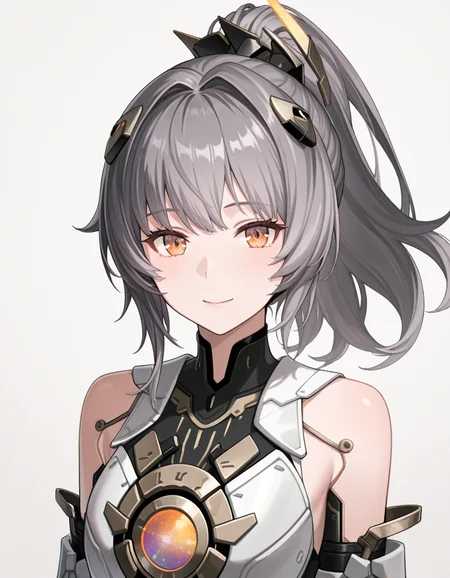 masterpiece,best quality,amazing quality,very aesthetic,high resolution,ultra detailed,perfect details,,<lora:mai_pgr_nanami_mxzj:0.7>,<lora:punishing_gray_raven_v2_style:1>,pgr,
mai_pgr_nanami_mxzj,1girl,solo,long_hair,looking_at_viewer,smile,hair_ornament,closed_mouth,bare_shoulders,upper_body,yellow_eyes,grey_hair,ponytail,sidelocks,sleeveless,official_alternate_costume,grey_background,orange_eyes,hair_intakes,headgear,high_ponytail,joints,mechanical_arms,robot_joints,mechanical_parts,