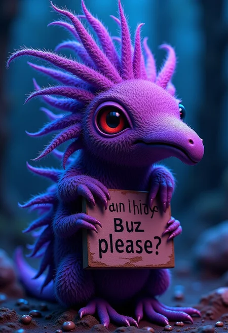 A strange feathered creature holding a sign saying "Can I have Buzz, please?", intricate details, mystical, stunning, award winning, cinematic still, dreamlike, otherworldly, vivid colors, dramatic lighting, colors ranging from purple to blue