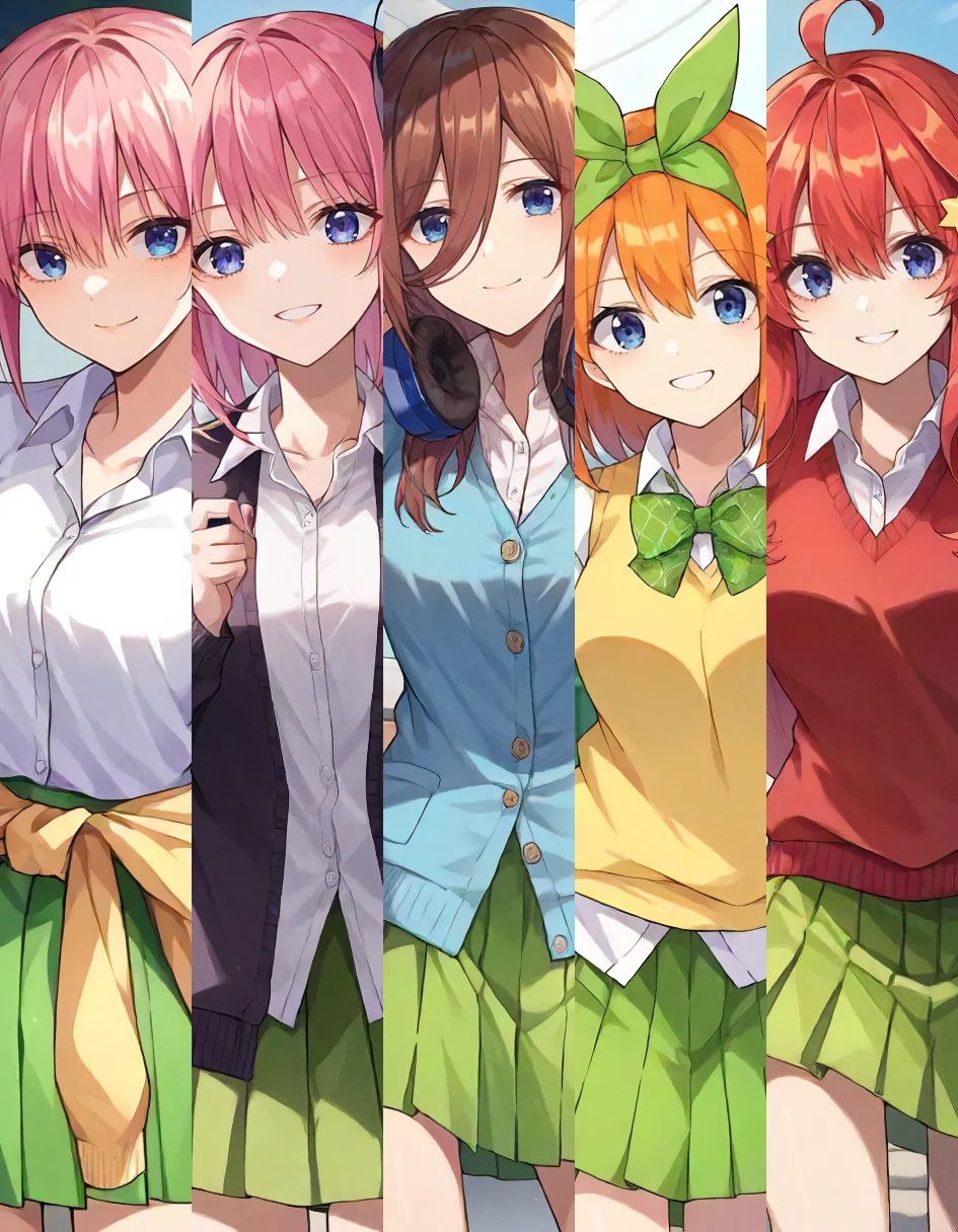 score_9, score_6_up, source_anime, 1girl, solo, cowboy shot, school, outdoors, *, green skirt, light smile <lora:quintessential_quintuplets_sdxl_pony:0.8>