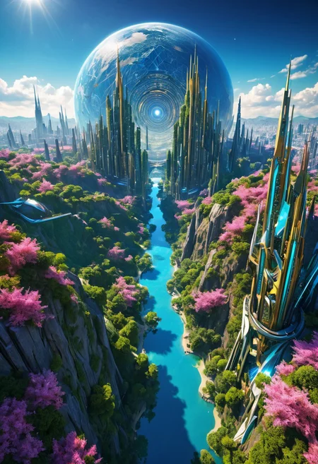 (masterpiece:1.5), unreal 8k wallpaper, unity 8k wallpaper, score 9, score 8 up, score 7 up, masterpiece_portrait, extreme quality, reflection, surface reflection, dynamic lighting, Cinematic style, cinematic quality, ((no humans, no people)), photorealistic, realistic, a spectrum of iridescent colors, precise, fractal design, flowing curves, precision, colorful, fractal geometry, harmonic interference, digital illustration, photo manipulation, altered realities, fantastical scenes, digital artistry, striking visuals, sharp focus, detailed background, light reflection, futuristic, future, sci-fi, A huge open valley on an spectacular world, in the center of the valley is (massive cybernetic City), the (massive cybernetic City) has been here for a very long time, strange cybernetic foliage has started to grow over it, when this (massive cybernetic City) was built no one knows it has long been forgotten, beautiful blue skies majestic clouds, strange trees dot the landscape, in the sky you can see a massive moon is all inspiring and a little frightening, the valley is also covered in beautiful flowers and cybernetic trees, no life can be seen anywhere, 3D, metallic reflection, massive cybernetic City, vast world was strange and wondrous plant life,