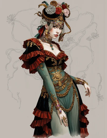Art by Alessandro Barbucci. High Fashion, concept art half l Body of a gypsy spanish woman in flamenco clothes, Blender stylized charismatic aesthetic random composition deep breathing locations and details professional style digital, meticulous craftsmanship artistic style, superb vision nocturnal influence visually dark high end artistic technologies style splash finely artistic works.
Digital artwork, illustrative, painterly, matte painting, highly detailed, dynamic, dramatic, haute couture, elegant, ornate clothing, High Fashion.