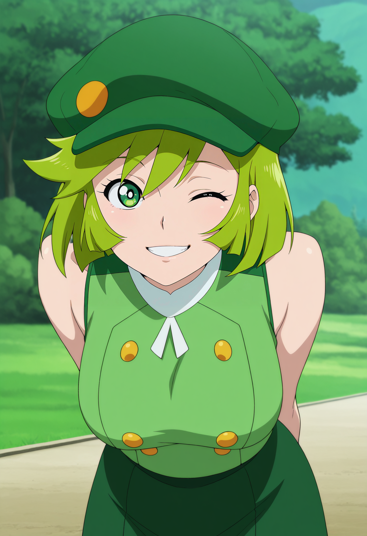 1girl,solo,mm,mature female,green hair,green eyes,short hair,anime coloring,
arms behind back, leaning forward, smile,one eye closed, teeth, green skirt,green headwear,hat,sleeveless,sleeveless shirt,buttons,looking at viewer, outdoors
,masterpiece,best quality,amazing quality,<lora:Honey_Kisaragi-Cutie_Honey_Universe:0.8>
