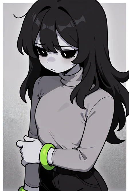 <lora:charlieemily-05:1> charlieemily, 1girl, black hair, long hair, black eyes, grey shirt, turtle neck, grey skin, black pants, long sleeves, green bracelet, grey background,, masterpiece, best quality, amazing quality, very aesthetic, absurdres, newest,, upper body, halftone effect, white borders, abstract background:1.2,
