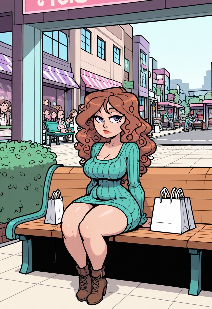 comicbook style, toon, flat color, amazing quality, 4k, high resolution, ultra-detailed, newest, 1girl, curvy, long wavy hair, mature, knit dress with ankle boots, sitting, indoor mall, bench, shops, window, crowds, shopping bags,