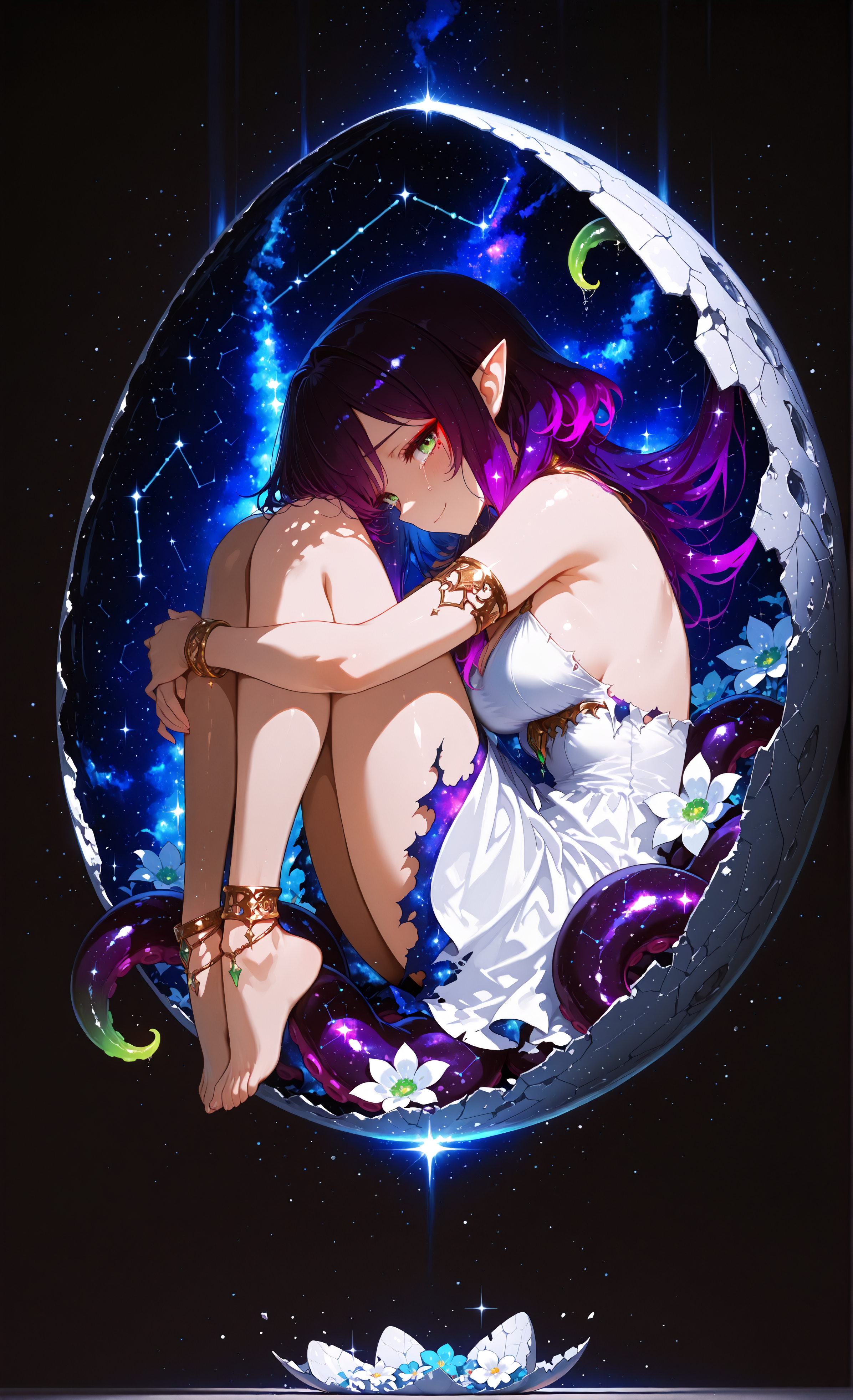 masterpiece, sharp detail, intricate detail, 1girl, constellation hair, nebula, levitation, in air, white dress, barefoot, armlet, anklet, bracelet, eggshell, planet, flower filed, stars, starry sky, space, torn clothes, profile, side look, fetal position, looking at viewer, tears, sad smile,, medium breasts, (dark deep purple upper hair), gradient hair, red eyeliner, (green tips), long hair, pointy ears, vivid green eyes, scylla, monster girl, 4 thin long purple tentacles growing from back,  light waves, face highlights, sparkling particles, BREAK chiaroscuro, volumetric lighting, dappled light, dramatic shadows, cinematic lighting, detailed background, light and shadow contrast, <lora:aboba_prime_3:0.7>, <lora:Bright_style:0.7> Bright_illu, sparkle,
