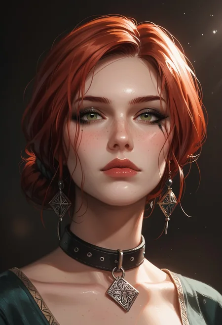 score_9, score_8_up, score_7_up, score_6_up, 1 girl , kawaii girl, freckles, sexy, blushing, petite, slim, soles, portrait, (dark background), dim lighting, dungeon, detailed drawing, partially illuminated, blurry background, slightly angled view, s1_dram, watercolor \(medium\), traditional media, triss merigold, freckles, green eyes, redhead, red hair, colorful bright eyes, hair bun, smooth hair, shiny skin, collar, close up view, ((looking at viewer)), robes, short hair, close view, mascara, eye shadow, long eyelashes, (((dark makeup))),