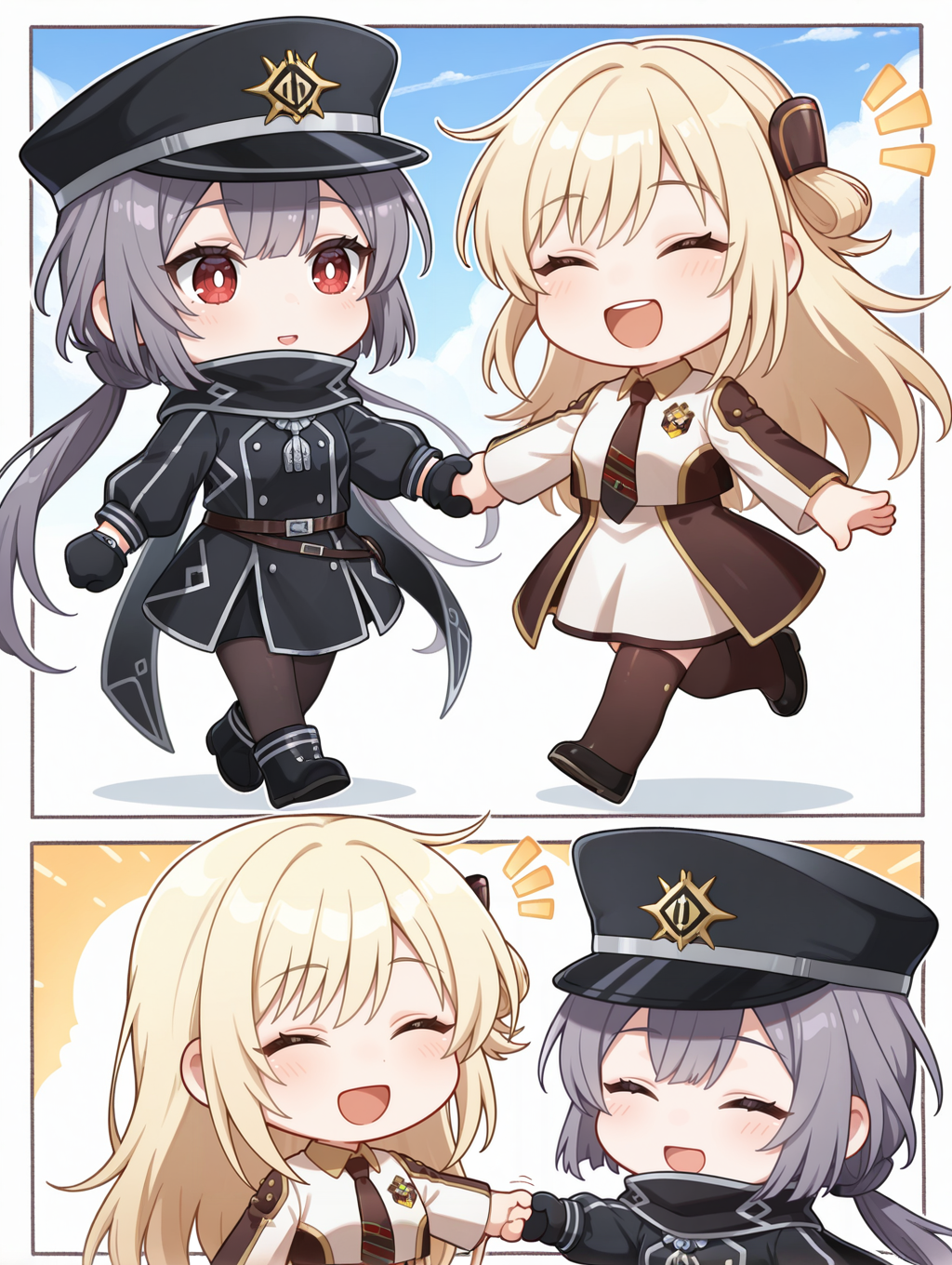 chibi, 2girls, ^^^, closed eyes, cloud, holding hands, open mouth, smile, blue sky, outdoors, simple background, white background, sky striker ace - raye, ordinary uniform, brown hair ornament, white cropped jacket, brown waist cape, white collared dress, brown thighhighs, black shoes, brown necktie, white border, sky striker ace - roze, black scarf, black military uniform, black gloves, black pantyhose, black boots, black peaked cap,
masterpiece,best quality,amazing quality,very aesthetic,absurdres,newest,<lora:Sky striker ace - Raye & Roze illusXL v1.1:0.76>,