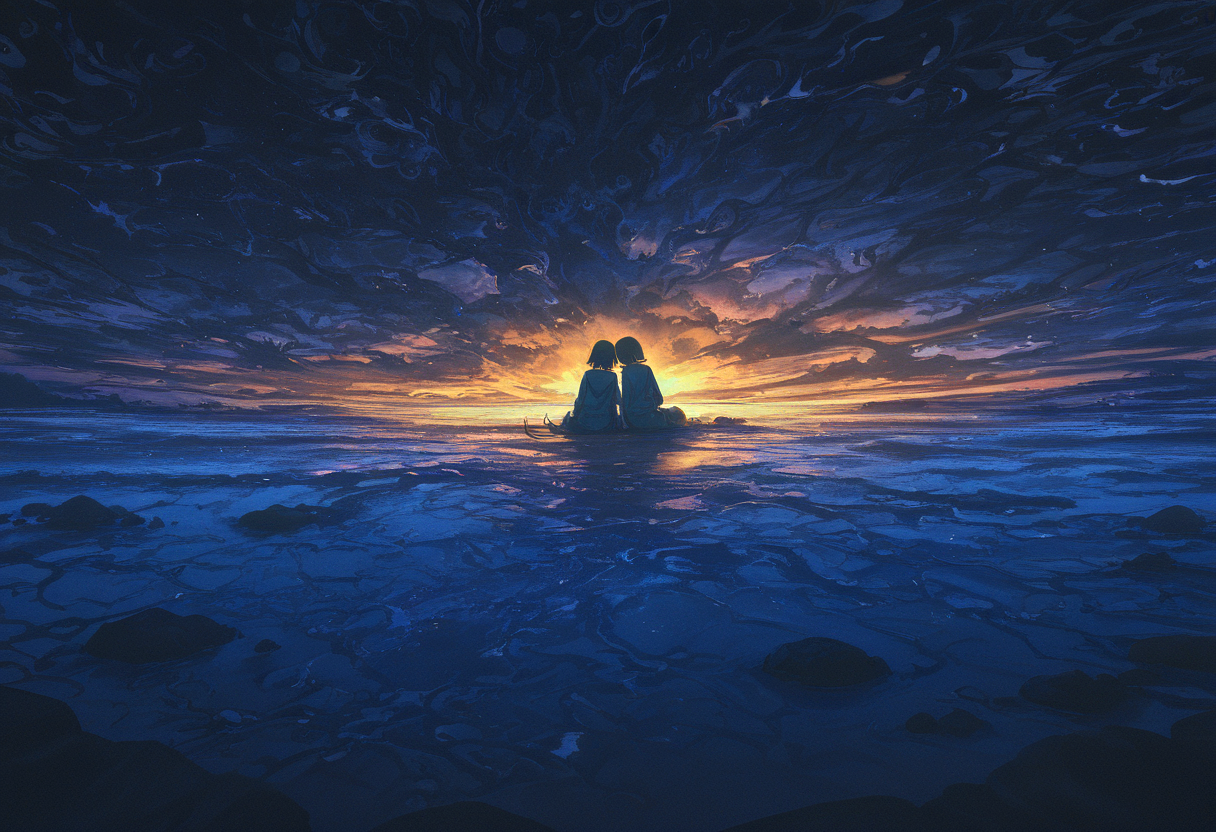 HDR, 8K, high contrast, masterpiece, best quality, amazing quality, very aesthetic, painterly colorful  absurdres, 2girls bare_tree cattail closed_eyes 
(quasarcake:0.65) (xxyt-xx:0.85), chen bin, berryverrine, abstract, surreal, liquid_marbling, on back, sitting, rock
cloud evening forest leaning_on_person leaning_to_the_side multiple_girls nature outdoors plant pond scenery short_hair sky sunset tree very_short_hair water wetland wide shot