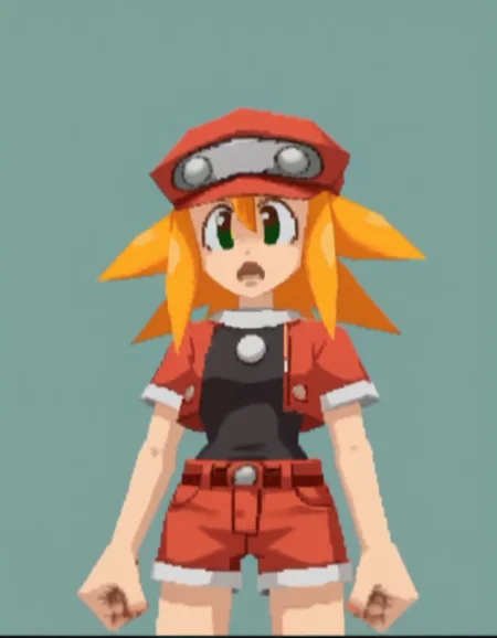 zPDXL, score_9, score_8_up, score_7_up, source_anime, 1girl, solo,
<lora:RockLegend_v1:1> rcklgnd, roll caskett \(mega man\), blonde hair, green eyes, red hair, red jacket, black shirt, red shorts , open mouth, slouching,